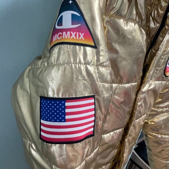 Champion Dream Big Metallic Gold NASA Puffer Jacket Puffy Coat XS Rare Mens - Picture 2 of 10